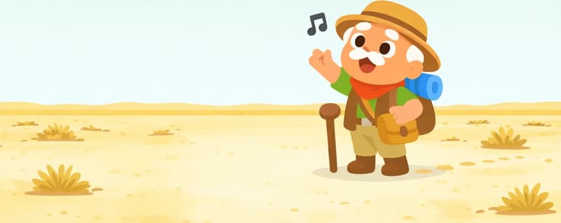 In the lower half of the image, Kaa stands at a three-quarter angle facing the viewer in the center of a vast, flat, dry landscape, holding his wooden walking cane in one hand, his other hand raised toward the sky as he sings, with a musical note floating near his head. He has an open-mouthed, hopeful expression as he calls out to the clouds. Faint footprints trail behind him across the dusty ground. Sparse dry scrub brush dots the barren terrain on either side. The top half is open sky with a few wispy clouds, conveying a sense of wide-open emptiness and solitude.