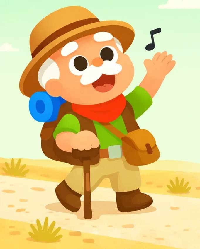 On the left side of the image, Kaa walks along a dry, dusty road, holding his wooden walking cane in his right hand while pointing his left hand up at the sky as he sings, with a musical note floating near his head. He has a joyful, open-mouthed expression, looking upward as if calling to the clouds. The outdoor scene shows a flat, arid landscape under a pale green sky with a few wispy white clouds and sparse dry brush along the roadside — the right side of the image is open sky and empty background.