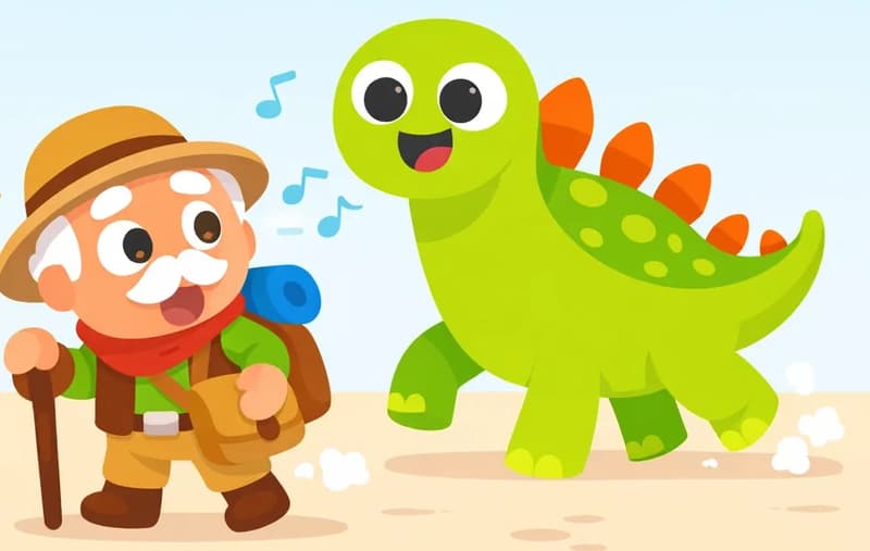 On the left side of the image, Kaa stands at a three-quarter angle, holding his wooden walking cane in one hand, with a wide-eyed surprised expression as he spins around to look behind him. On the right side, Dino, a large bright lime-green stegosaurus with bold orange triangular plates along his back and lighter green oval spots on his body, stomps toward Kaa, mouth open in a cheerful grin, looking happy and excited. The scene is set outdoors on a flat, sandy path under a pale blue sky with a few wispy clouds. Small dust clouds rise near Dino's feet from the thumping steps. Musical notes float in the air near Kaa, suggesting he was singing before being interrupted.