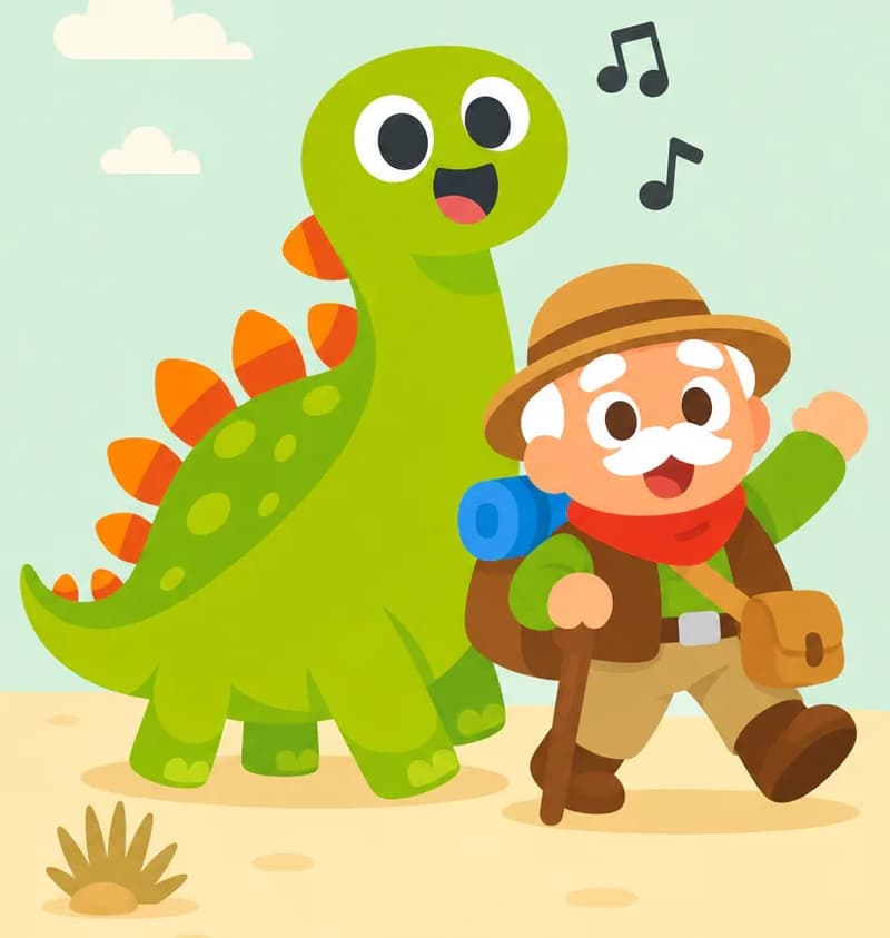 On the left side of the image, Dino stands with his mouth wide open, grinning joyfully and singing, with musical notes floating around him. Kaa walks alongside Dino in the foreground, stepping forward energetically with his wooden walking cane in one hand, his other arm raised, mouth open as he sings together with Dino. The scene is set outdoors on a flat, sandy landscape under a pale green sky with a few wispy clouds, with a small dry shrub visible in the mid-ground. The right side of the image is open background with just sand and sky.