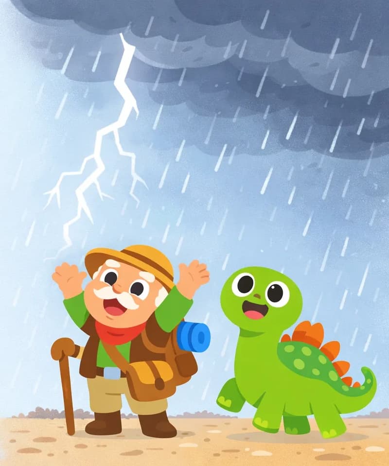On the right side of the image, Kaa stands holding his wooden walking cane, his free hand raised high in celebration, looking up at the sky with a joyful, praising expression and mouth open in a shout of gratitude. Dino stands just behind Kaa, also gazing upward with wide, excited eyes and a big open-mouthed smile, bouncing on his stubby legs with excitement. Dark storm clouds roll in from above, with a bolt of lightning striking the dry, barren ground on the left. Rain begins to fall across the scene as the flat, arid landscape starts to receive the promised rain.