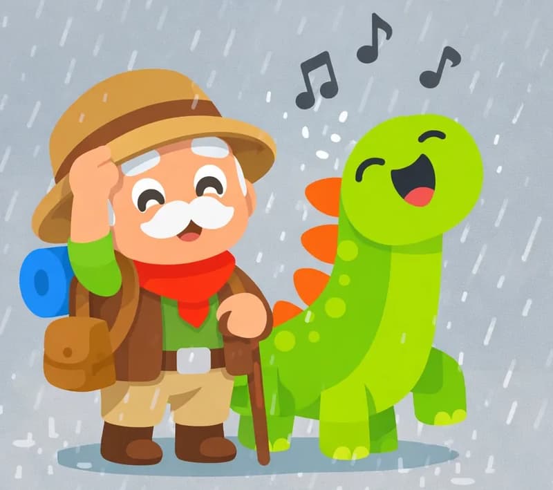 On the left side of the image, Kaa stands gripping the brim of his wide-brimmed explorer hat with one hand as he sways happily in the rain, a cheerful, contented expression with closed, happy eyes and a gentle open-mouthed smile on his face. His other hand rests on his walking cane, which is planted upright on the ground beside him. He wears his brown backpack with a blue bedroll and red neckerchief. Dino stands beside Kaa, mouth wide open shouting with glee, eyes closed in a joyful smile, with musical notes floating above his head. The outdoor scene is set against a gray, rainy sky with raindrops streaking down across the image, while the right side remains open background.