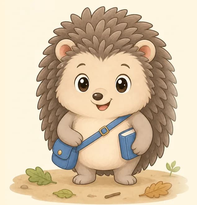 On the right side of the image, Enrique stands facing the viewer on a patch of bare earth scattered with green and orange autumn leaves and twigs. He is a small kawaii hedgehog with light brown, almost grey fur, his back covered in rounded prickly spines, smiling warmly with big dark eyes. A blue satchel hangs across his chest with a small blue book tucked under his left arm. Mood: friendly introduction, warm and welcoming.