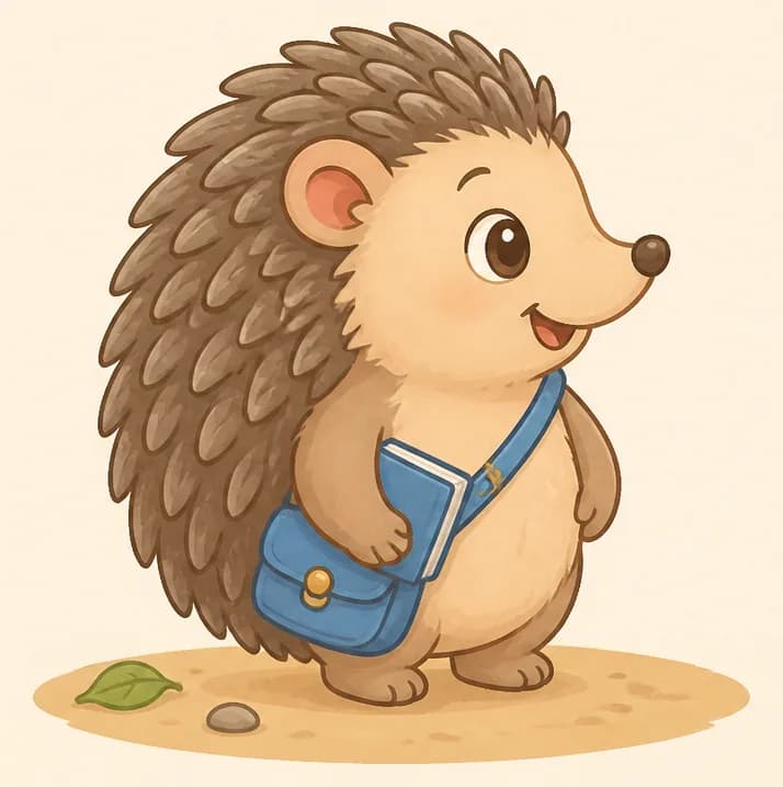 On the left side of the image, Enrique walks to the right across sandy ground, shown in profile with his pointy nose leading, mouth open in a cheerful smile. His blue satchel swings at his side and a tiny green leaf and pebble lie on the ground behind him. Mood: curious and eager, a little explorer setting out.
