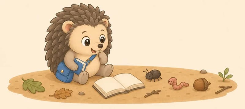 In the lower-left portion of the image, Enrique sits on a patch of sandy earth reading an open white book that lies in front of him, one paw raised thoughtfully to his chin, his blue satchel resting beside him. Scattered to the right of the book are a small dark beetle, a pink earthworm, an acorn, a sprouting seedling, leaves and twigs. Mood: gentle study, everything is interesting.