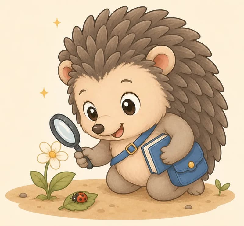 On the right side of the image, Enrique kneels on the ground holding a magnifying glass up to a single white flower with a yellow centre, a tiny red ladybird on the soil beside the stem. His mouth is open in delight and small sparkles shine above his spines; his blue satchel hangs at his hip. Mood: wonder and close attention.