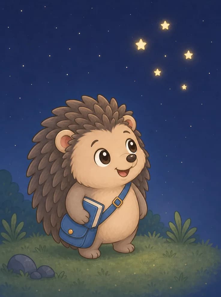 On the left side of the image, Enrique stands on a grassy hilltop at night under a deep blue starry sky, gazing up open-mouthed at a bright constellation of golden stars overhead. He holds his blue book under one arm, his satchel at his side, small rocks at the edge of the grass. Mood: quiet awe, big questions under a big sky.