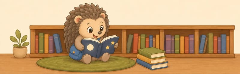In the lower-left portion of the image, Enrique sits cross-legged on a round green rug in a cosy library, reading a large open dark-blue book decorated with yellow stars. A long wooden bookshelf full of colourful books runs along the wall behind him, with a stack of books on the floor to his right and a potted plant to his left. Mood: warm, settled, happily absorbed.