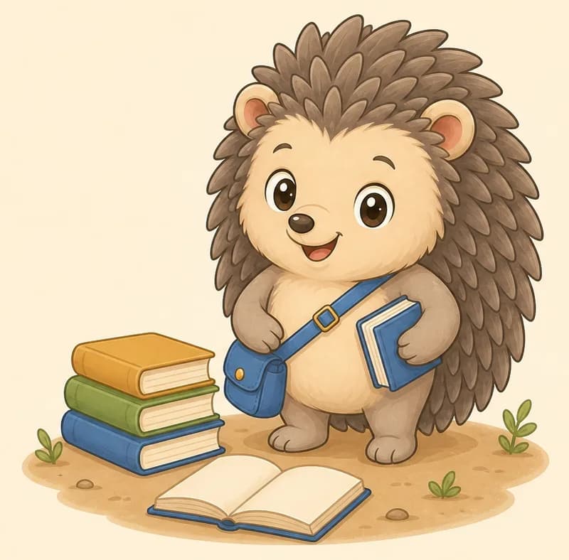 On the right side of the image, Enrique stands on sandy ground beside a neat stack of green, orange and white books, holding a blue book close with one paw, an open book lying on the ground in front of him. He beams straight at the viewer, his blue satchel across his chest, tufts of grass nearby. Mood: proud and delighted, a reader who found his answers.
