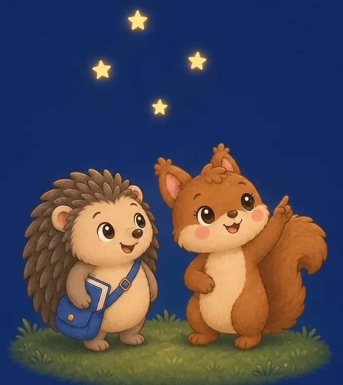 On the left side of the image, Enrique and Adela stand together on a small grassy mound at night under a deep blue sky. Adela, a kawaii squirrel with warm brown fur and a long fluffy tail, points up with one paw at golden stars arranged in a playful shape overhead while Enrique, his blue satchel at his side, looks up smiling. Mood: shared wonder between best friends.