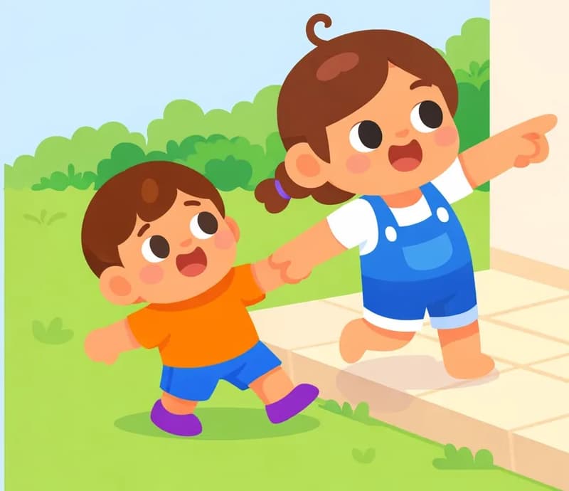 On the right side of the image, Kina stands on a tiled porch beside their house, grinning excitedly and pointing outward with one hand while holding Kale's hand with the other, mid-stride as she leads him off the porch. Kina has brown hair in a small side ponytail and wears blue overalls over a white t-shirt, walking barefoot on the pale stone tiles. Kale, a smaller boy in an orange t-shirt, blue shorts, and purple shoes, hurries along happily on the grass just behind her, smiling with an excited open-mouthed expression as he strides forward to keep up. The scene is set outdoors on a bright, sunny afternoon with a lush green yard and a row of bushes in the background under a soft blue sky, with the left half of the image left as open sky.