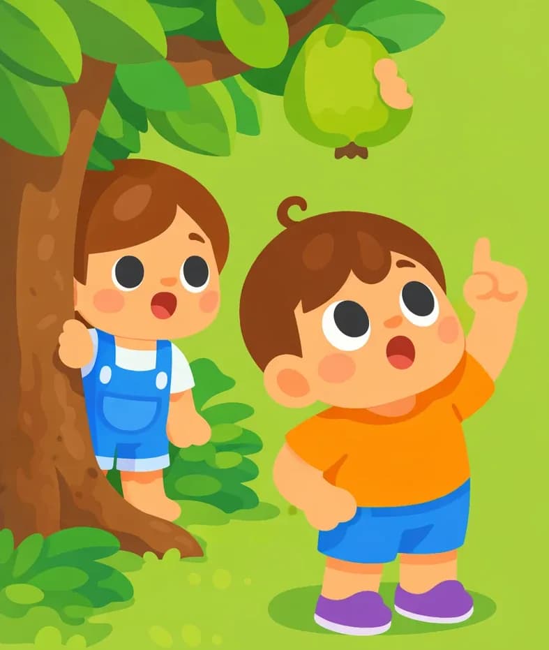 On the left side of the image, Kale stands beneath a guava tree, looking up with a surprised, open-mouthed expression and pointing upward at a large guava hanging from a branch that has a visible bite taken out of it. Kina peeks out from behind the tree trunk to Kale's left, partially hidden, looking curious. The scene is set outdoors on a grassy area with lush green foliage, in bright daylight. The right ~40% of the image is plain green background.
