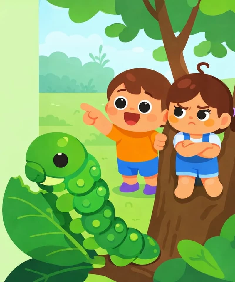 On the right side of the image, Kale stands excitedly pointing toward a large caterpillar, mouth open wide in a shouting expression, while gripping a tree trunk with one hand. Kina stands just behind Kale, looking skeptical with a slightly doubtful expression and her arms crossed. In the left-center foreground, a large green caterpillar clings to a dark leaf on a lower branch, shown in a dramatic close-up as it nibbles. The scene is set outdoors in a lush, green suburban yard with trees and grass under soft, overcast daylight.