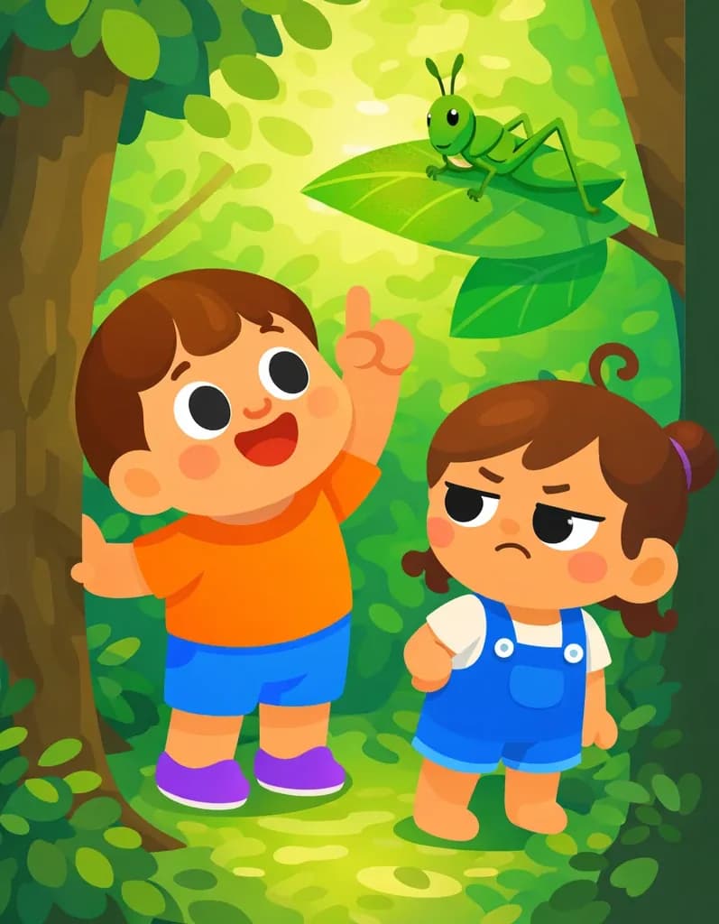 On the left side of the image, Kale stands behind a tree trunk, grinning excitedly and pointing upward with one finger toward a green grasshopper perched on a branch above. Kina stands in front of him, leaning slightly forward with a skeptical, unimpressed expression — her eyes narrowed and brow furrowed, clearly rolling her eyes at his suggestion. A green grasshopper sits on a sunlit leaf on a branch above them. They are both positioned among large trees and lush green foliage in an outdoor wooded setting with dappled light filtering through the canopy. The right side of the image is dark, plain background suitable for text overlay.