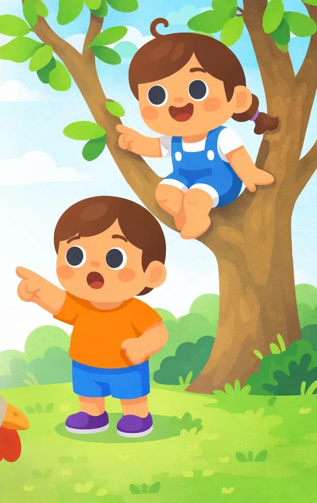 On the right side of the image, Kale stands on the grass looking surprised and slightly startled, pointing toward a large chicken in the foreground, while Kina sits perched up in the branches of a leafy tree behind him, grinning widely with an amused expression as she explains why the chicken couldn't be the culprit. The scene is set outdoors on a sunny day with a grassy yard, a large tree, and a soft blue sky with wispy clouds. A large gray chicken occupies the lower-left foreground, seen from the side pecking at the ground.