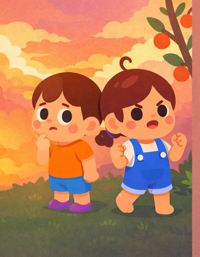 On the left side of the image, Kale and Kina stand back-to-back on a grassy area near a fruit tree, set against a dramatic sunset sky with warm orange and pink clouds suggesting dusk. Kale stands on the far left facing left with a worried expression, one hand raised near his chin. Kina stands just right of center facing right with a determined expression, both fists raised as if struck by an idea. The right ~40% of the image is a plain muted brown/mauve background suitable for text overlay.