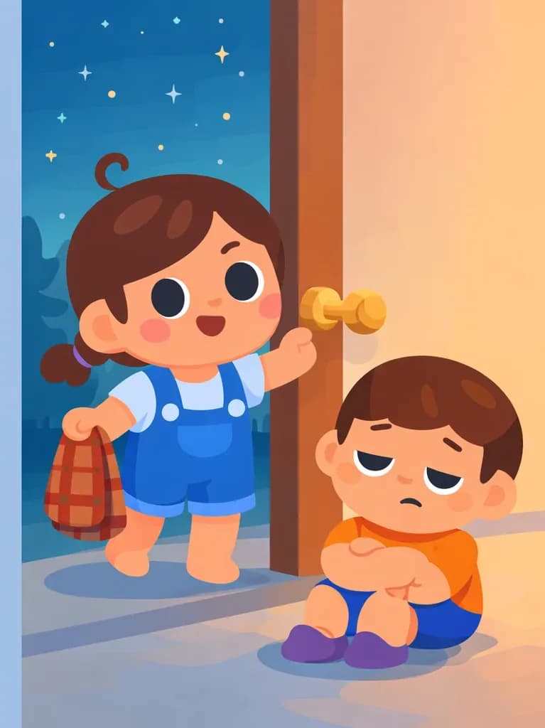 On the right side of the image, Kina stands in a doorway, gripping the door handle with one hand and holding a folded blanket or cloth in the other, looking determined and ready to head outside. Kale sits just outside the doorway on the right-center, arms crossed, eyes drooping with a sleepy, tired expression. The scene is set at nighttime outside a house, with a starry sky and dark silhouettes of trees visible in the background, and warm interior light spilling from the open doorway.