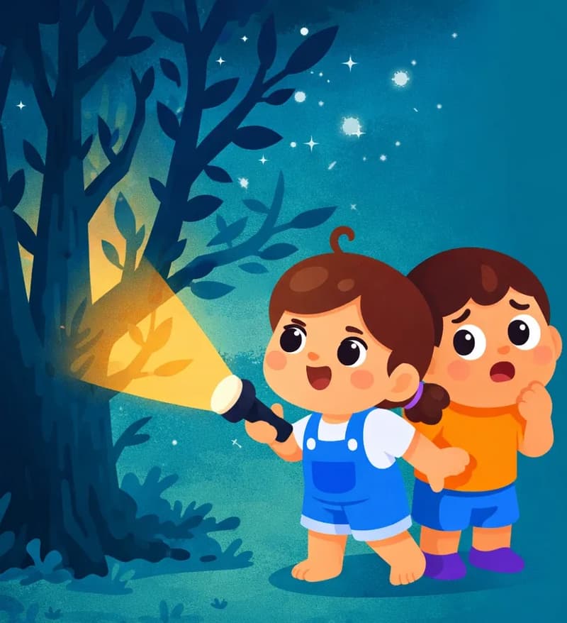 On the left side of the image, Kina and Kale stand close together outdoors at night, searching around a large tree. Kina is in front, shining a flashlight/torch at the tree trunk with a focused, determined expression, while Kale stands just behind her, looking nervously over his shoulder into the darkness with a scared expression. The scene is set under a starry night sky with dark blue-green tones, the torch casting a warm glow on the tree. Branches sway in the wind casting strange dancing shadows around them. The right ~40% of the image is plain teal/blue background.