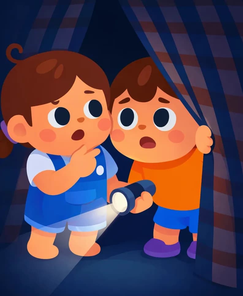 On the right side of the image, Kina and Kale are huddled together inside a dark tent, peeking out nervously through a gap in the tent flaps. Kina has a tense, alert expression and appears to be whispering, while Kale looks wide-eyed and anxious, holding a flashlight that casts a narrow beam of light between the plaid-patterned tent fabric. The scene is dimly lit and nighttime, with the darkness of the tent interior surrounding them, creating a tense, suspenseful atmosphere.