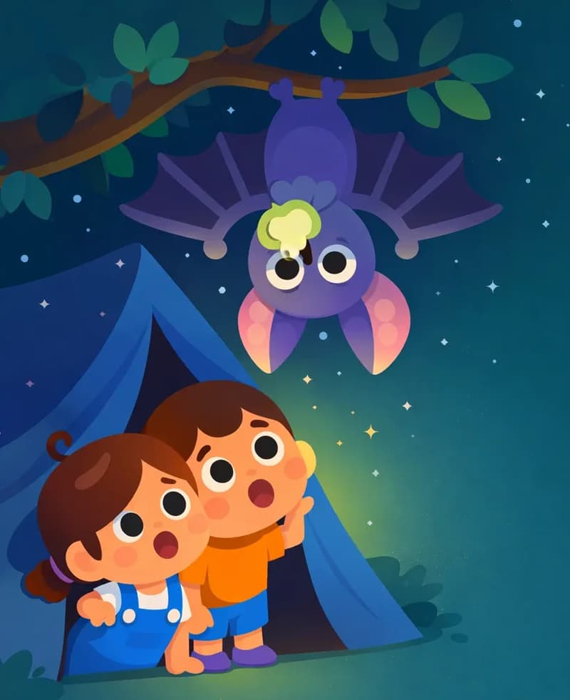 On the left side of the image, Bat hangs upside down from a tree branch among leaves, wings spread wide, biting into a round guava fruit. Below and slightly left of center, Kina and Kale poke their heads out from the tent flap, looking upward with wide-eyed amazement — Kina's eyes are fixed intently on Bat while Kale's mouth is open in a 'whoa' expression. The scene is set outdoors at nighttime with a dark teal-blue starry sky and a soft glow of torchlight illuminating Bat from below. The right side of the image is open sky, suitable for text overlay.