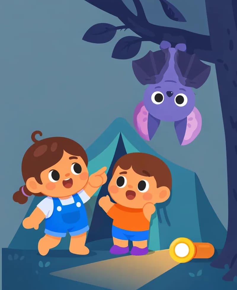 On the right side of the image, Kale and Kina are huddled together peeking out from a teal camping tent, both looking surprised and amazed. Kina is pointing proudly toward a tree on the far right, where Bat hangs upside down from a branch with its wings folded. A flashlight lies on the ground in front of the tent, casting a warm beam of light toward the tree. The scene is set outdoors at nighttime with dark, moody lighting and a large tree trunk dominating the right edge. The left ~30% of the image is a plain muted teal/gray background.