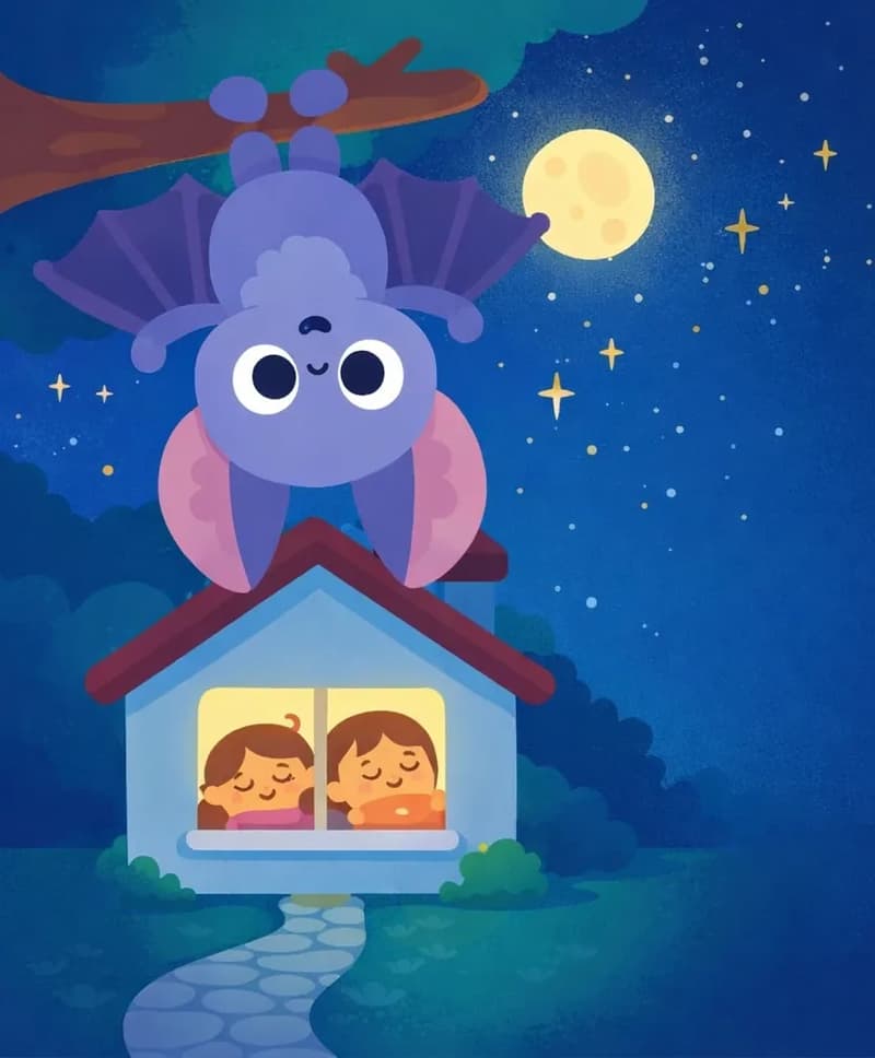 On the left side of the image, Bat hangs upside down from a tree branch in the upper-left corner, with large circular black eyes and a content expression, its round belly full after eating. Below and behind Bat, a small suburban house sits along a stone path under a starry nighttime sky with a glowing full moon. Through a warmly lit window, the silhouettes of Kina and Kale can be seen sleeping peacefully inside. The right side of the image is open dark sky.