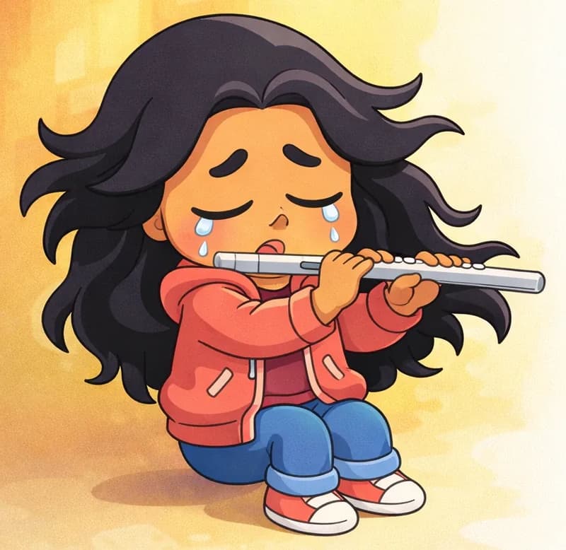 On the left side of the image, Girl sits playing a flute, holding it up to her lips with both hands. She has long, wavy black hair flowing past her shoulders, warm medium-brown skin, and rosy cheeks. She wears a coral-pink zip-up jacket over a darker pink/magenta top, blue jeans, and white sneakers with blue accents. Her eyes are closed and her expression is sorrowful, with tears visible on her cheeks. The warm golden-yellow watercolor background behind her suggests soft indoor light from a window. The right ~40% of the image is plain white background.