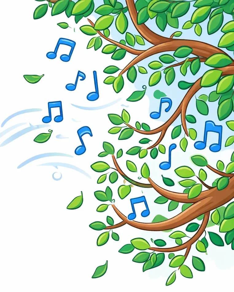 On the right side of the image, leafy tree branches with lush green leaves extend inward from the upper-right corner, with a few loose leaves drifting away in the breeze. Blue musical notes float among the branches and swirl through the air toward the left, carried by the wind. The left side is open white background with faint, wispy breeze lines suggesting gentle movement. The scene is a bright, outdoor daytime setting evoking a light, airy mood. No characters are present in this image.