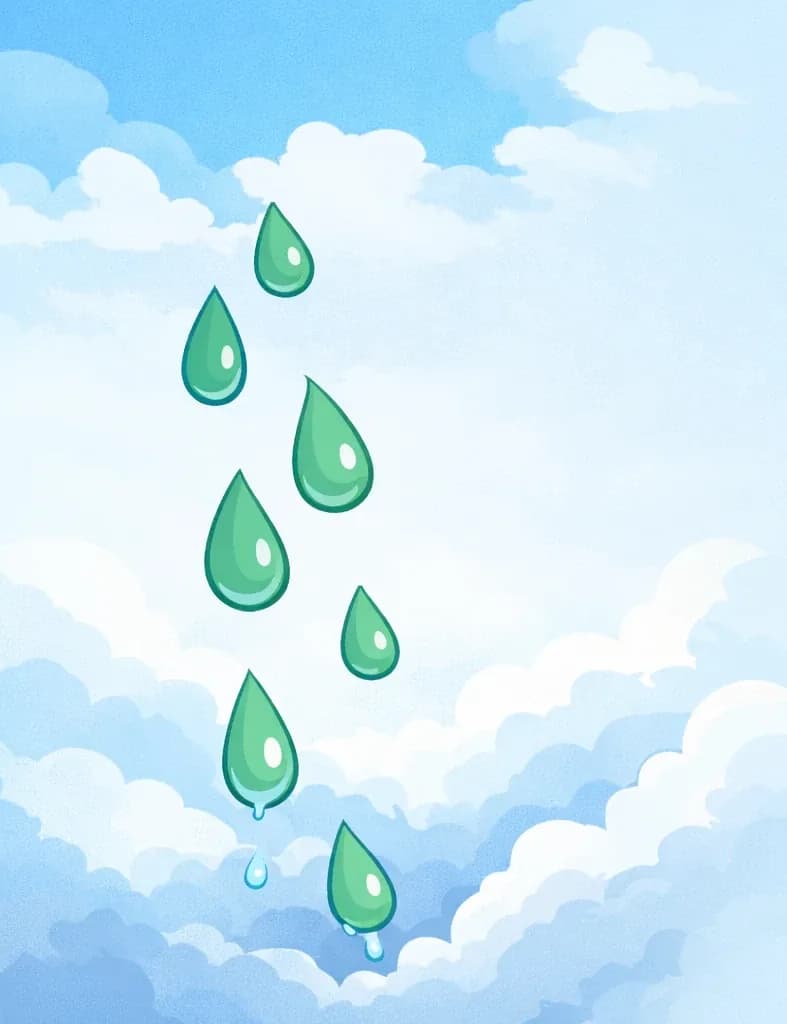 On the left side of the image, several green teardrop-shaped forms (resembling both tears and leaves) drift downward through a soft watercolor sky, falling toward pale blue-gray clouds that billow across the lower right. A patch of blue sky is visible in the upper left corner, while the overall scene evokes a gentle, melancholy atmosphere of tears transforming into rain as they sink into the clouds. No characters are present in this illustration — it is a purely atmospheric, abstract scene.