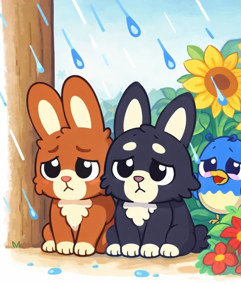 On the right side of the image, Brown Rabbit and Black Rabbit sit close together beside a tree trunk, looking out with sad, downcast expressions as rain falls around them. Blue raindrops streak down from above, and the rabbits appear to be sheltering near the base of the tree. Behind them, bright yellow sunflowers and red flowers fill the background, and Bird is perched among the sunflowers on the far right, looking small and huddled in the rain. The left side of the image is plain white background.