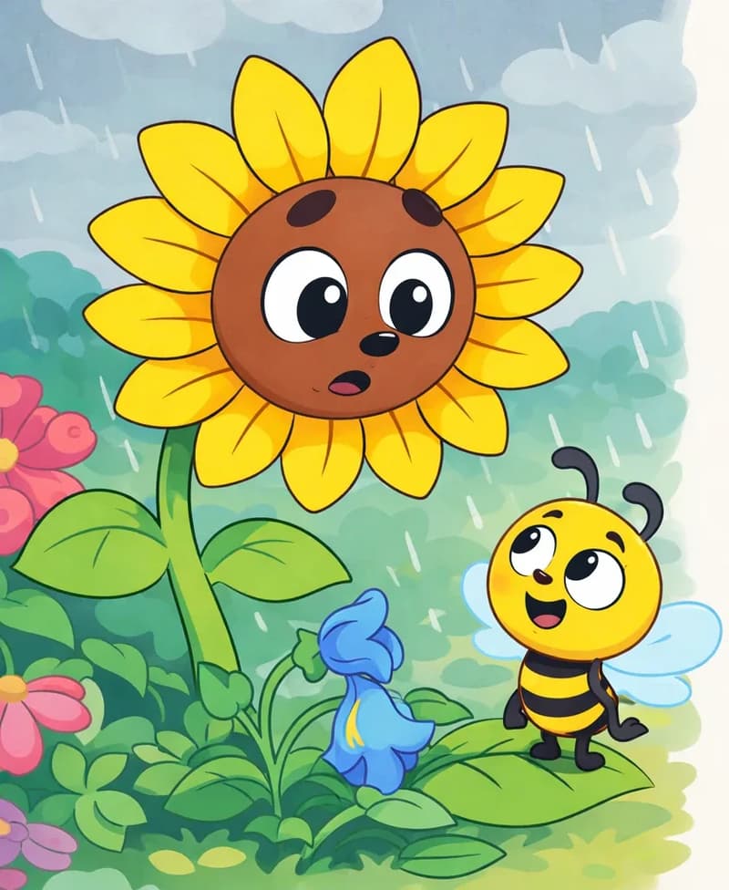 On the left side of the image, Sunflower leans down with a concerned, worried expression, turning toward Bee. Bee stands on a green leaf near a blue flower at Sunflower's base, looking up attentively with a curious expression. The outdoor scene is set in a lush garden with colorful flowers and green foliage, but the sky is overcast with soft gray clouds and a light drizzle of rain is still falling. The right ~40% of the image is plain white background.