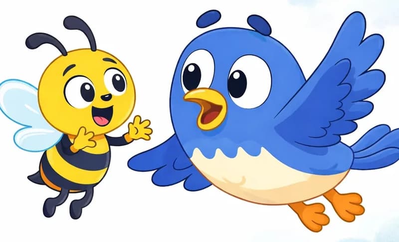 On the right side of the image, Bird is flying with wings spread wide, beak slightly open, with a curious, wondering expression. Bee hovers just in front of Bird's beak, facing Bird with a concerned, earnest expression and arms gesturing as if mid-conversation. The left side of the image is plain white background. The scene has a soft, watercolor-style white/open-sky backdrop with faint gray clouds, suggesting an outdoor midair moment between the two characters.