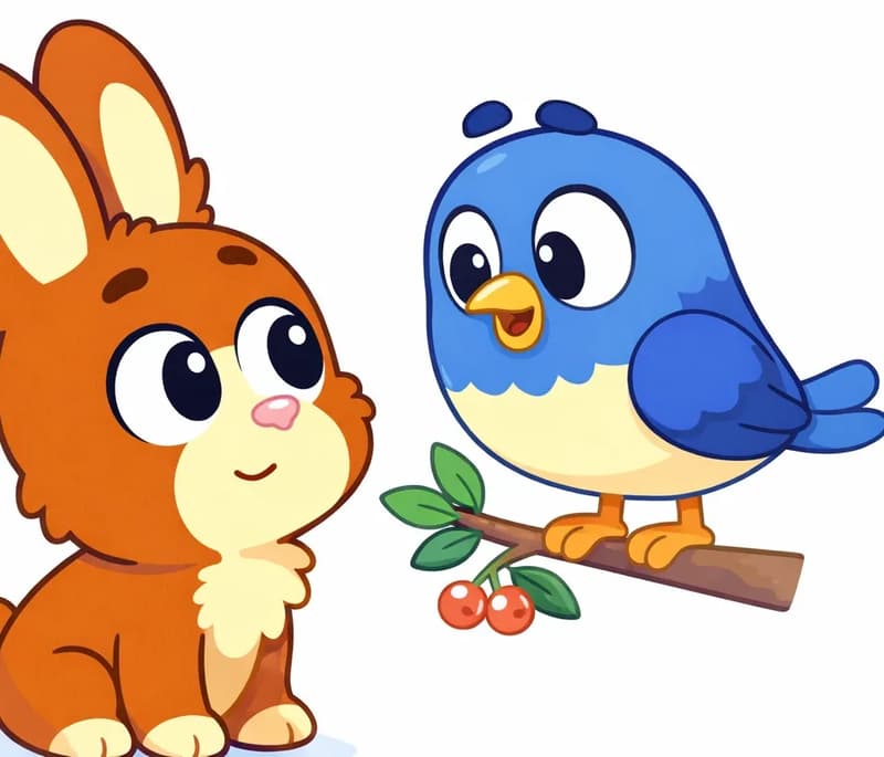 On the left side of the image, Brown Rabbit and Bird face each other in a close conversational moment. Brown Rabbit is shown from the chest up on the far left, looking up attentively at Bird with a gentle, listening expression. Bird is perched on a small branch with red berries and green leaves, leaning slightly toward Brown Rabbit with a calm, earnest expression, as if making a request. The right side of the image is plain white background, leaving space for text.