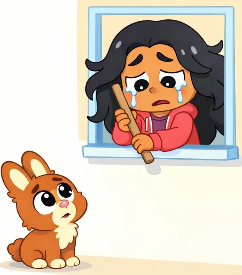 On the right side of the image, Girl is visible in a window above, crying with tears streaming down her face, her expression deeply sad and sorrowful. She is holding a wooden flute near her face with one hand. Below the window, Brown Rabbit stands on the ground looking up at her with a concerned, empathetic expression, as if calling up to her. The left side of the image is plain white background, leaving space for text.