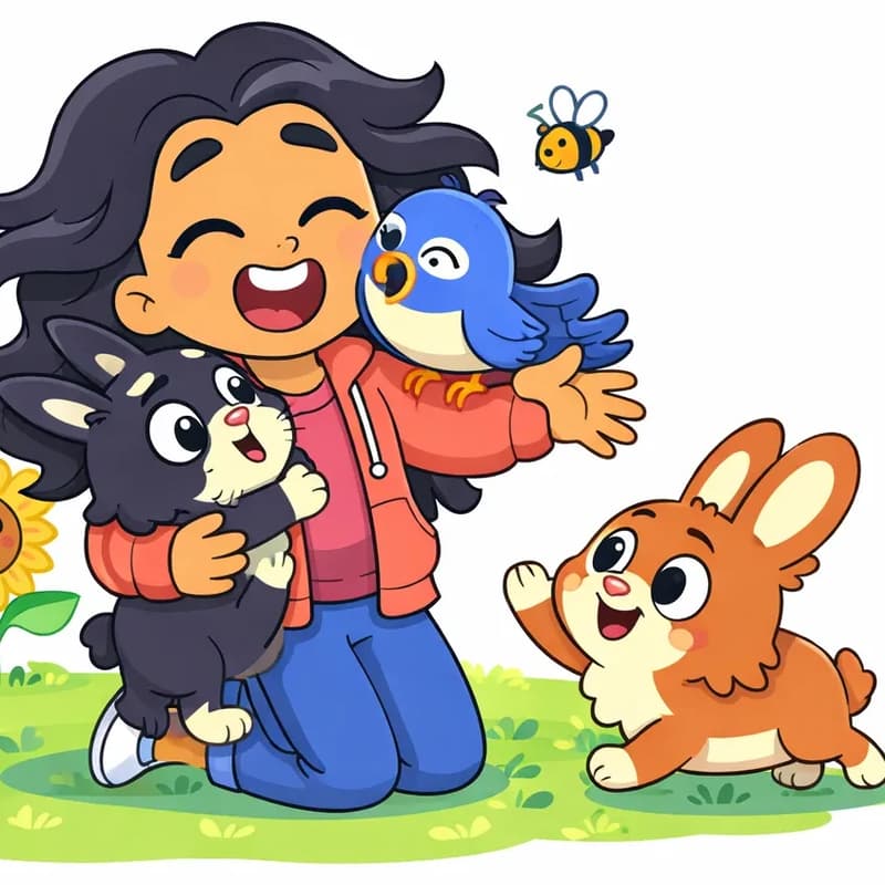 On the left side of the image, Girl is kneeling on the grass with a joyful, open-mouthed smile as the critters swarm her with affection. Black Rabbit is leaping into her arms, pressing close to her chest, while Brown Rabbit jumps toward her from the right, both looking happy and eager. Bird is perched on Girl's shoulder near her neck, nuzzling against her with wings spread. Girl has one arm outstretched, embracing the animals. In the background, Sunflower watches the reunion with a happy, warm expression, and Bee hovers nearby buzzing cheerfully. A patch of green grass is visible beneath them. The right ~40% of the image is plain white background.