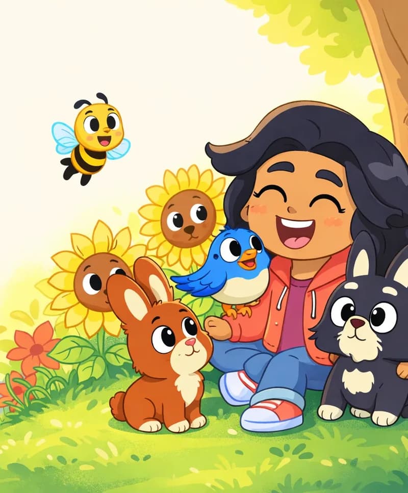 On the right side of the image, Girl sits happily on a grassy hillside beneath a tree, smiling warmly with her mouth open in joy. Bird perches on her arm, and Brown Rabbit sits contentedly in front of her. Black Rabbit nestles beside her on the other side. Bee hovers nearby above the sunflowers, smiling. The scene is set outdoors in a sunny garden with large sunflowers and colorful flowers surrounding the group, bathed in warm golden light.