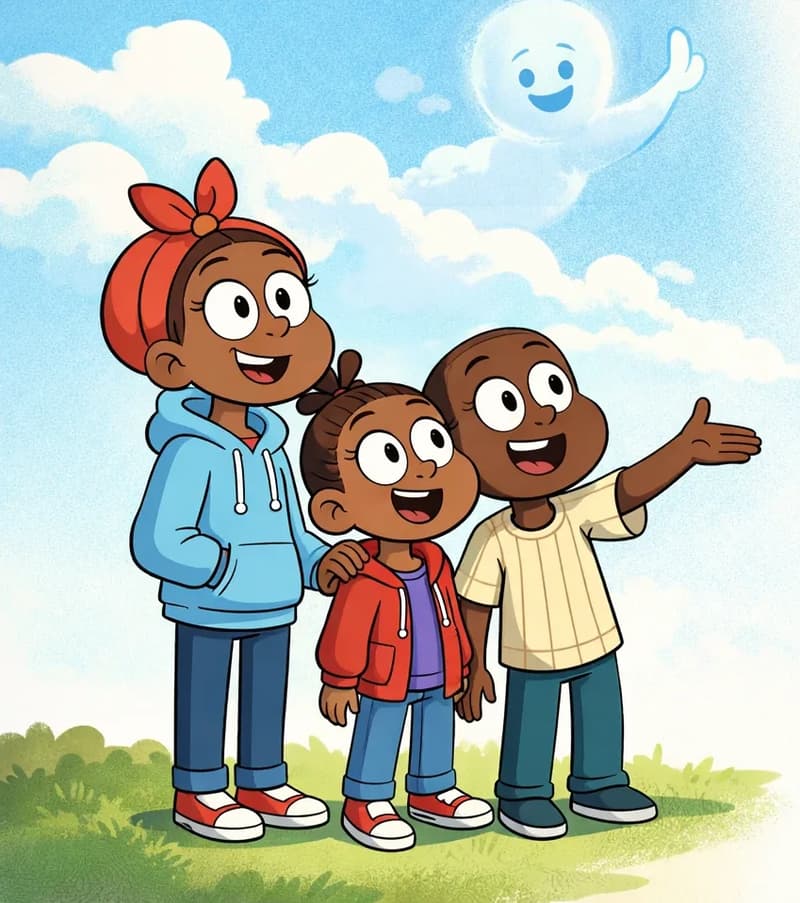On the left side of the image, Sister, Girl, and Boy stand together outdoors, gazing up at the sky with expressions of wonder. Boy stands slightly in front, extending one hand outward as if pointing or waving at the cloud figure above. Girl stands between the other two, looking upward with curiosity, while Sister stands behind them, gently resting a hand on Girl's shoulder. Above them in a bright blue daytime sky, a friendly human-shaped cloud figure with a smiling face appears to wave down at the group. The right side of the image is plain white background.