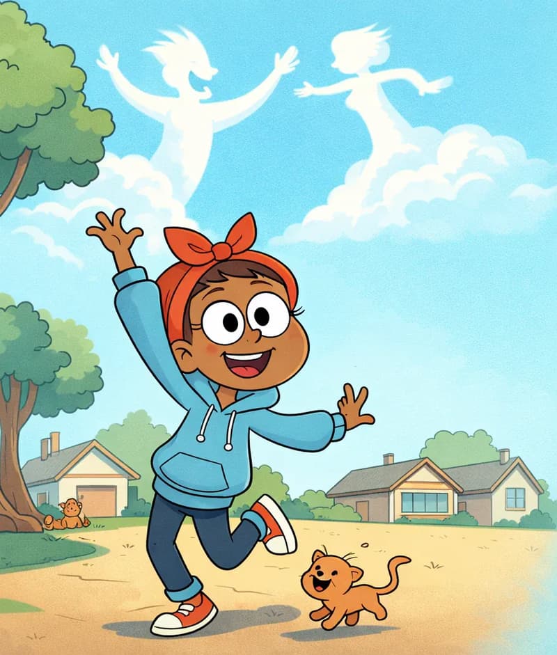 On the left side of the image, Sister is dancing joyfully at a three-quarter angle facing the viewer, with one arm raised toward the sky, doing a jig in an open grassy yard in a suburban American neighborhood setting. She has an excited, celebratory pose with her body mid-movement, wearing her light blue hoodie with white drawstrings and her bright red headband tied in a bow. Above her in the blue sky, two cloud-shaped figures — a man and a woman — appear to be dancing and leaping together among the clouds. A tree stands to the far left. A small kitten is visible near Sister's feet, appearing to follow along with her dance. Two additional small animals are near the tree on the far left.