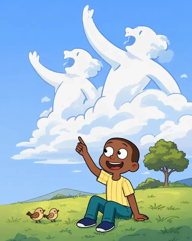 On the right side of the image, Boy sits in a grassy field, one arm raised and pointing up at the sky, gazing with wonder at large cloud formations shaped like men with their arms raised as if singing. The scene is set outdoors on a bright, sunny day in an open meadow with scattered trees and gentle hills in the background. The cloud figures dominate the right-center sky, their arms lifted dramatically. Two or three small birds are on the ground near Boy.