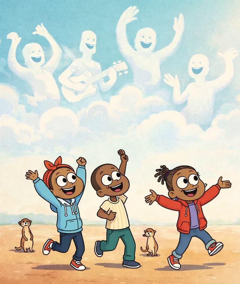 On the left side of the image, Sister, Boy, and Girl are dancing joyfully on a flat, open dirt ground, facing the sky with their arms raised. Boy is in the middle pointing upward, Girl is to his right dancing with arms outstretched, and Sister is furthest right mid-dance with her arms up and one leg lifted. Above them in the sky, a band of cloud figures shaped like musicians can be seen — some appearing to play instruments and raise their arms, with smiling faces formed in the clouds. All three characters have excited, happy expressions as they dance to the cloud band's music. Two small meerkats are visible on the ground near the children — one on the far left and one between the children, both standing upright on their hind legs.