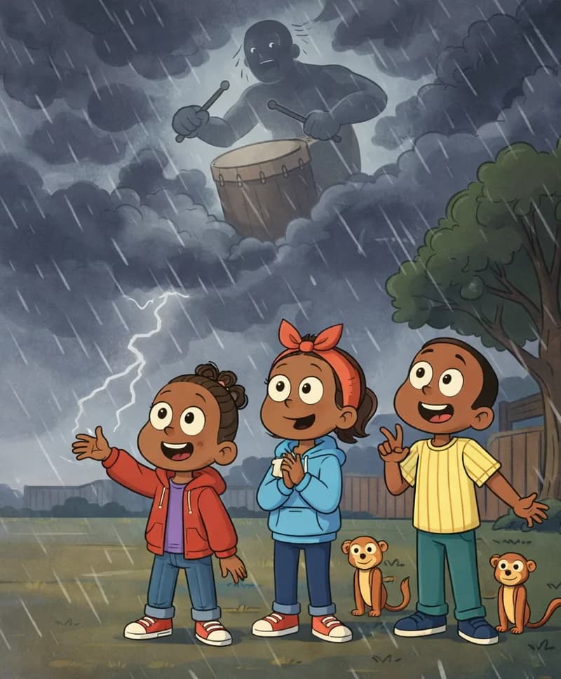 On the right side of the image, Girl, Sister, and Boy stand together in a suburban yard looking up at the stormy sky with expressions of awe and wonder. Girl reaches one hand outward toward the rain, Sister clasps her hands together nervously, and Boy points upward at the dark clouds. Heavy rain pelts down around them as a massive spectral figure of a drummer materializes in the swirling storm clouds above, beating a drum — the source of the thunder. A large tree stands behind the children on the far right, and a lightning strike is visible on the distant horizon at left. The left ~40% of the image is open stormy sky and rain-soaked ground, clear of characters. Two small orange monkey-like creatures stand at the children's feet.