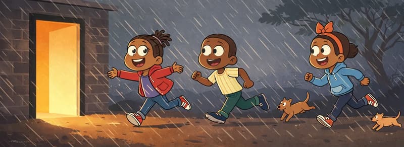 In the lower half of the image, Girl, Boy, and Sister are running from right to left through heavy rain toward an open doorway of a house, which glows with warm golden light. Girl is in the lead closest to the door, arms outstretched and smiling excitedly. Boy is in the middle, running with a determined expression, arms pumping. Sister is at the far right, also running urgently toward the house. The scene is set outdoors at a dark, stormy time with diagonal rain streaking across the image and a large tree bending in the background. The top half of the image is mostly dark rainy sky with tree branches. Two small dogs are running alongside the children toward the house.