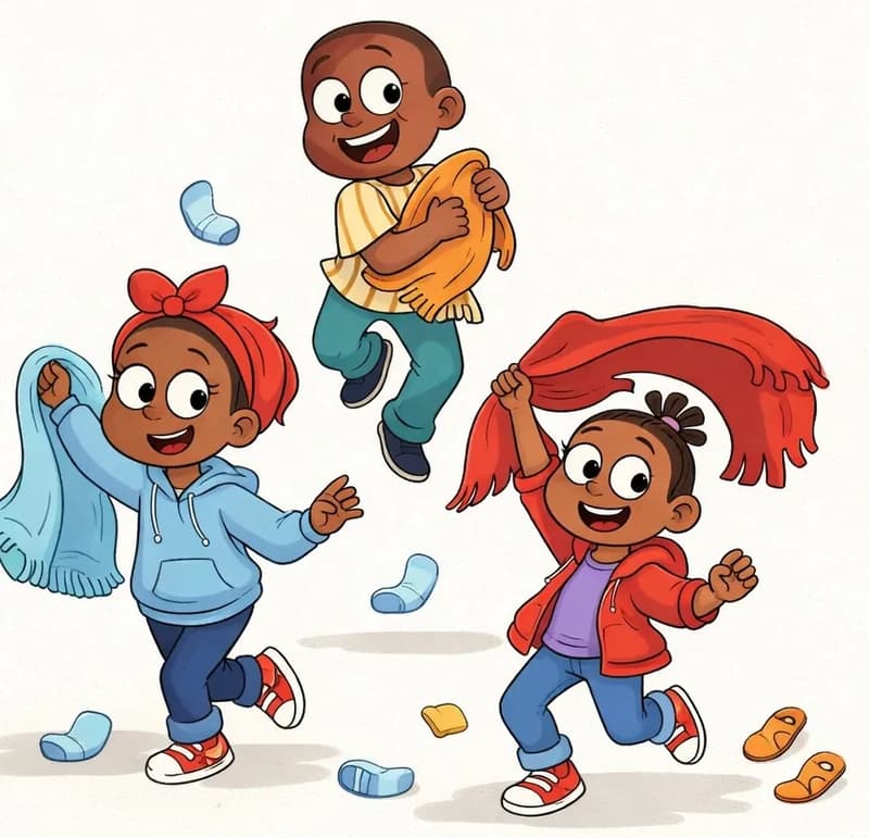 On the right side of the image, Boy, Girl, and Sister are dancing joyfully on a plain white background, each holding a towel and drying off. Boy is at the upper right, mid-dance step with a happy expression, holding an orange towel against his chest. Girl is at the lower right, dancing energetically with a wide smile, swinging a red fringed towel over her head with one arm. Sister is at the center-left, dancing with a cheerful grin, waving a light blue towel. Several pairs of kicked-off shoes are scattered around them on the ground, and a pair of orange sandals sits near the bottom right. The scene is set indoors against a clean white background.