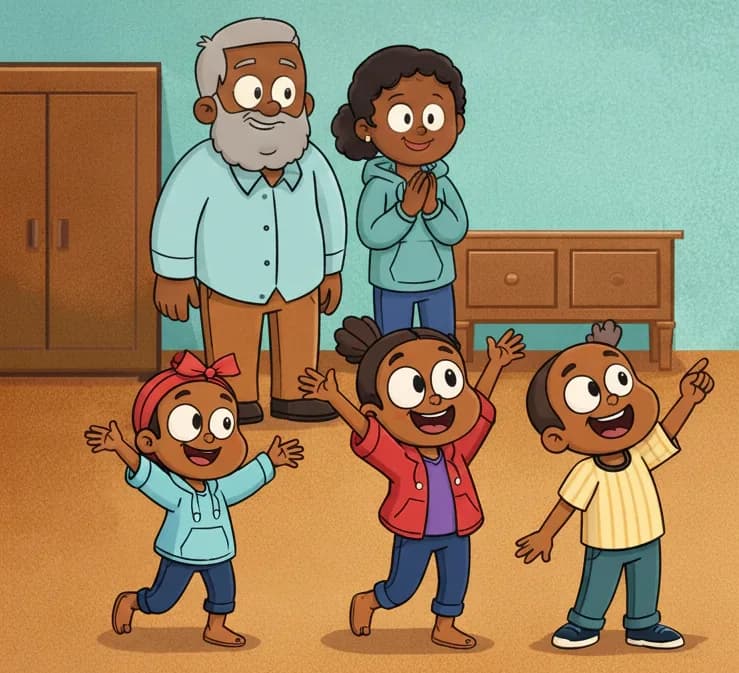 On the left side of the image, the family is gathered in a living room. Boy stands barefoot with his mouth wide open singing enthusiastically, one arm raised and pointing upward. Sister dances barefoot with her arms outstretched, moving energetically. Girl stands barefoot between them, also with arms raised joyfully, appearing to sing along. Behind the children, Dad stands smiling and watching with delight, while Mom has her hands pressed together in front of her chest, smiling warmly with an expression of amused wonder. The scene is set indoors in a room with a wardrobe and a sideboard against a teal-colored wall, with a warm brown floor. The right ~40% of the image is open background space.