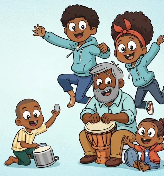 On the right side of the image, Dad sits smiling and playing a djembe drum, while Boy crouches barefoot beside him banging on an overturned pot. Girl sits barefoot nearby hitting a small pan, one arm raised joyfully. Mom leaps gracefully in a dancing pose with arms outstretched, and Sister jumps barefoot energetically beside her, both looking happy and mid-motion. The background is a soft, plain light blue, with the left side (50%) open and clear of characters or detail.
