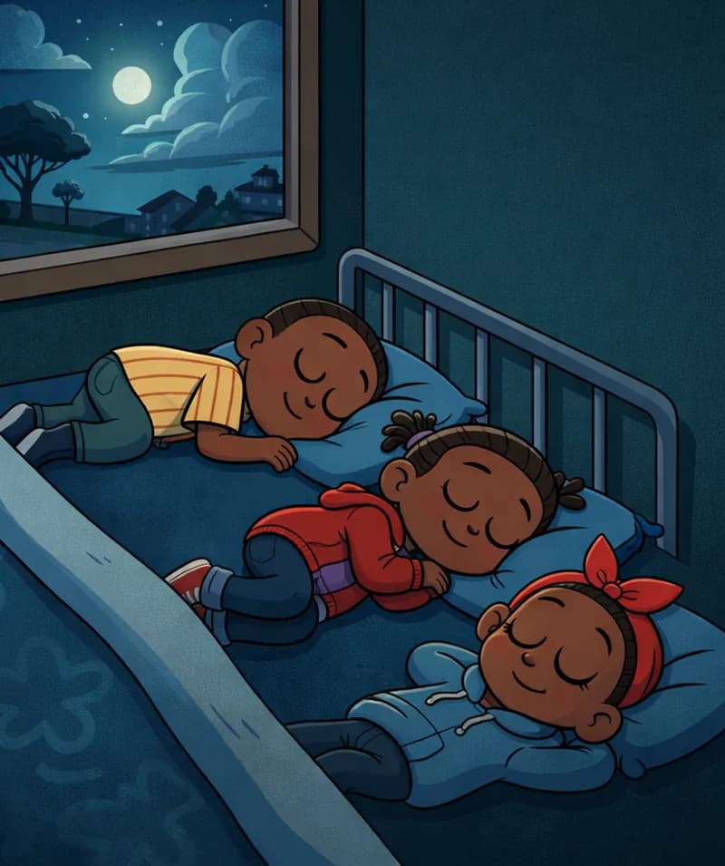 On the left side of the image, Boy, Girl, and Sister lie sleeping peacefully on a bed with blue pillows and sheets, their eyes closed with calm, restful expressions. Boy is at the top of the bed lying on his stomach, Girl is in the middle curled on her side, and Sister is closest to the foreground resting on her back. A window on the upper left reveals a nighttime sky with moonlit clouds and trees outside a suburban American neighborhood. The room is bathed in soft, dark teal tones reflecting the nighttime setting. The right side of the image is plain dark background.
