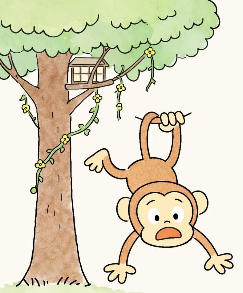 On the left side of the image, a large tree with a thick brown trunk dominates the scene, its green canopy spreading across the top. A small treehouse is nestled among the upper branches, partially hidden by lush green leaves and hanging vines with yellow flowers. A brown cartoon monkey hangs upside down by one arm from a branch extending right of the trunk, its other arms and tail splayed outward, with a wide-eyed, open-mouthed surprised expression on its tan face. The right side of the image is empty, plain cream background, leaving open space. A strip of soft green grass runs along the bottom at the base of the tree.