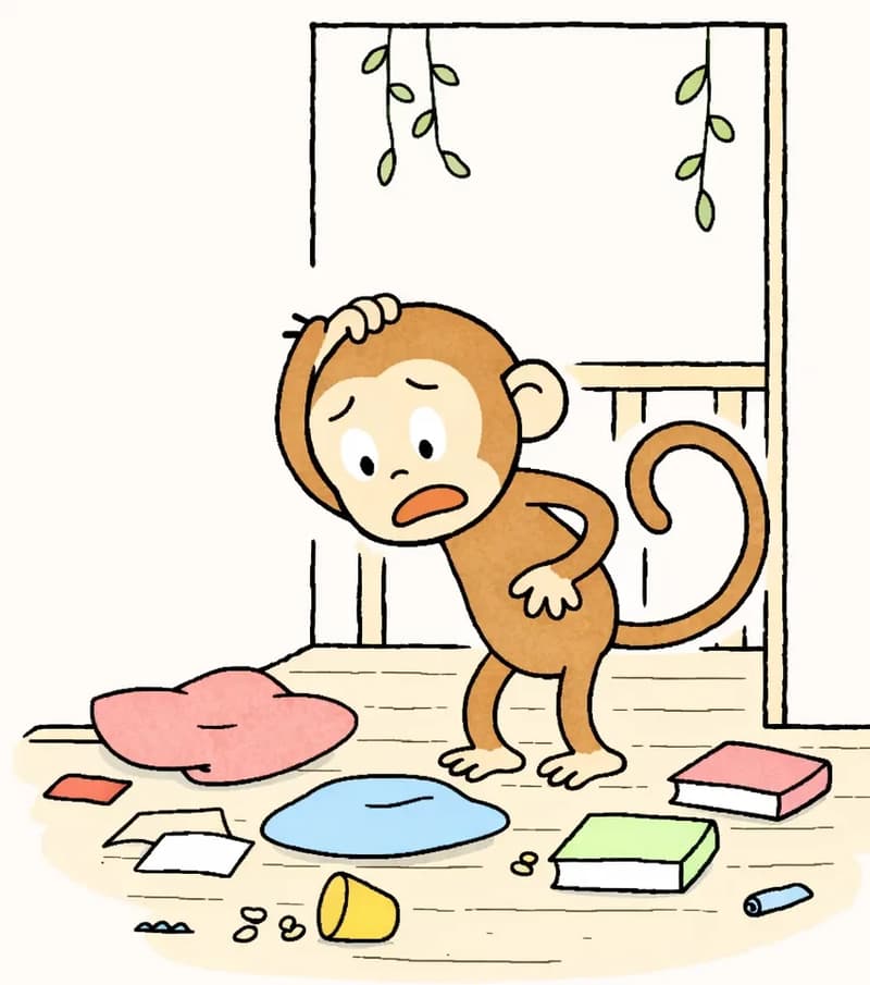 On the right side of the image, Monkey stands on the wooden floor of his treehouse interior, leaning forward with a distraught, worried expression — furrowed brow, wide eyes, downturned mouth — as he searches desperately for his missing bananas. One hand rests on his hip while his tail curls behind him. The treehouse is in disarray: books, cushions, and small objects are scattered across the wooden floor, having been tossed around in his frantic search. Green vines hang outside a window or doorway. The left side of the image is plain white background, left clear for text.