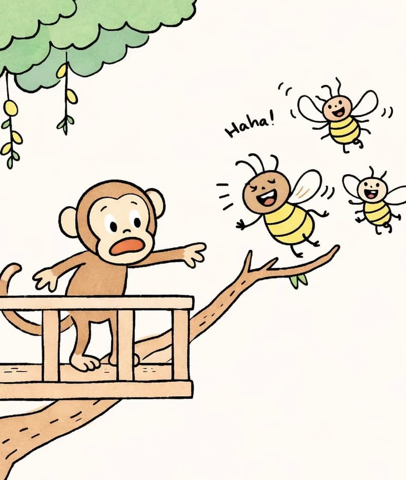 On the left side of the image, Monkey stands on a wooden treehouse platform built among the branches of a large tree, leaning forward over the railing with one arm extended, looking worried and calling out with a concerned, open-mouthed expression. Honey Bee hovers nearby on a branch just to the right of Monkey, laughing heartily with her wings wobbling from the laughter. The scene is set outdoors on a bright day with green foliage overhead and small yellow flowers hanging from the tree. Two additional smaller bees fly in the upper-center area near a golden-yellow glow.