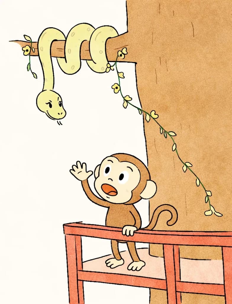 On the right side of the image, Monkey stands on a red wooden balcony or platform attached to a large tree, looking up with a polite, curious expression and one hand raised in a wave or greeting. Snake is coiled around a thick tree branch above, looking down toward Monkey with a calm, haughty grin. The scene is set outdoors on a bright, clear day with a soft blue sky and small yellow flowers on trailing vines hanging from the tree.